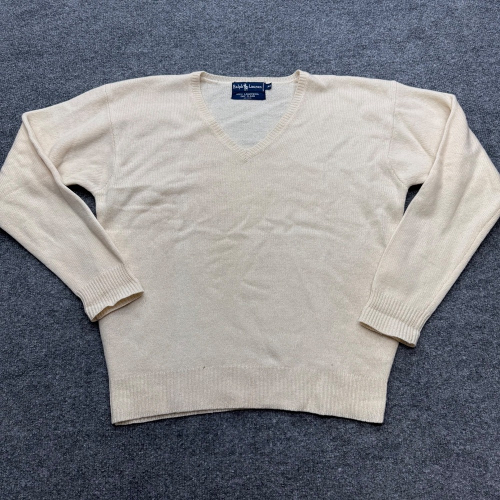Ralph Lauren Cream 100% Lambswool V-Neck Sweater Womens Medium Vintage